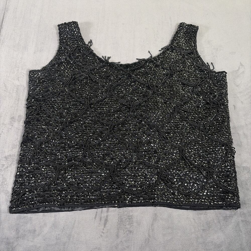 Vtg Black Sequined Beaded Tank Top Made In Hong Kong 100% Wool Sz Medium Charity